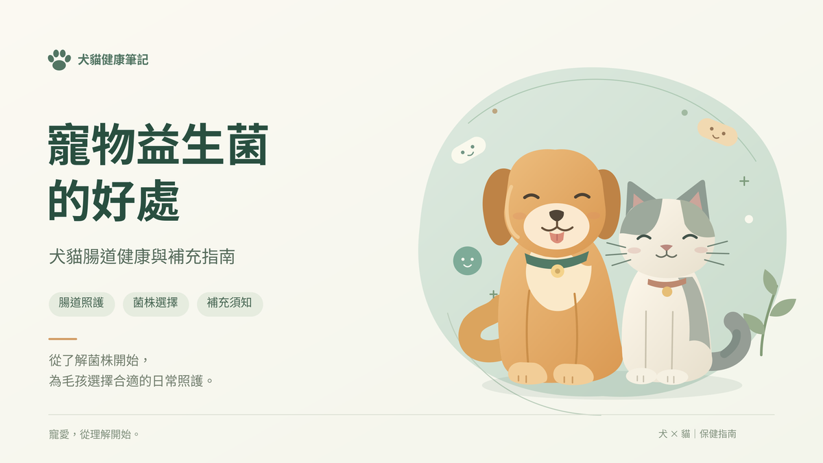 寵物益生菌的好處：犬貓腸道健康與補充指南；米白與綠色背景上的狗狗、貓咪及益菌示意插畫。